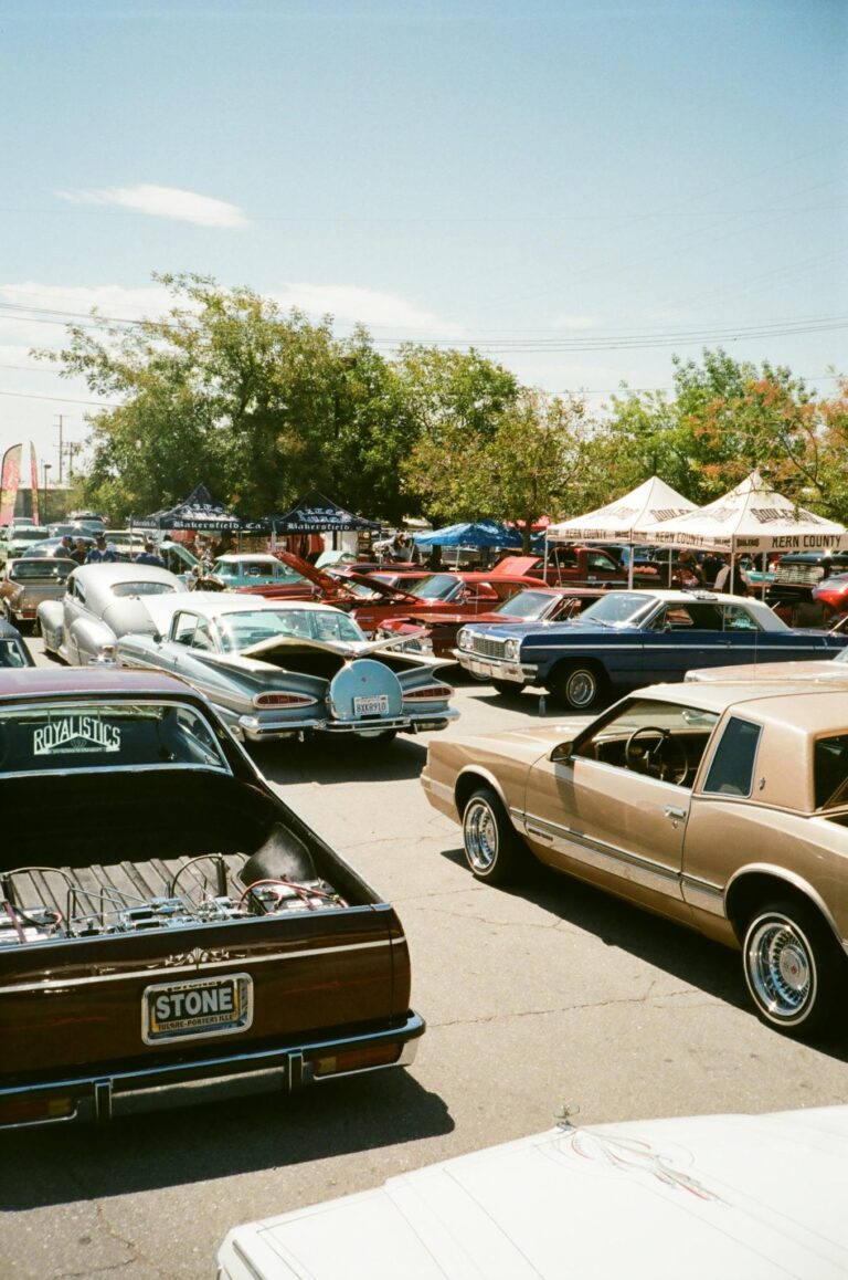 A vibrant gathering of classic cars at an outdoor show under a clear sky.